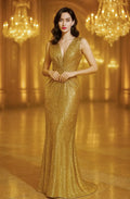 Sparkling Mermaid V-Neck Sleeveless Pleated Sequin Gold Floor Length Evening Dress