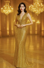 Sparkling Mermaid V-Neck Sleeveless Pleated Sequin Gold Floor Length Evening Dress