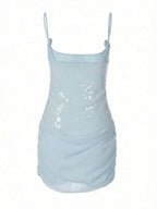 Light Blue Sparkling Sheath Spaghetti Straps Ruched Light Mini Homecoming Dress