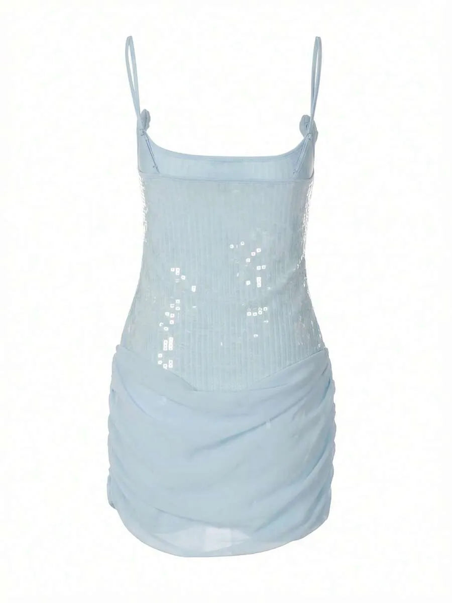 Light Blue Sparkling Sheath Spaghetti Straps Ruched Light Mini Homecoming Dress