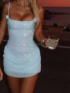 Light Blue Sparkling Sheath Spaghetti Straps Ruched Light Mini Homecoming Dress