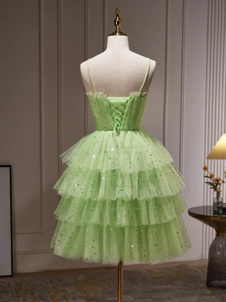 Green Sparkling A-Line Spaghetti Strap Tiered Sequins Light Short Homecoming Dress