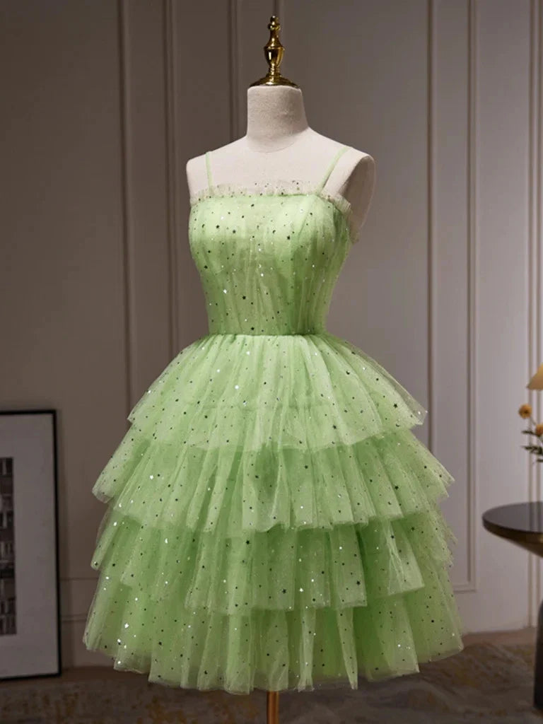 Green Sparkling A-Line Spaghetti Strap Tiered Sequins Light Short Homecoming Dress