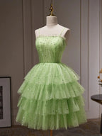 Green Sparkling A-Line Spaghetti Strap Tiered Sequins Light Short Homecoming Dress