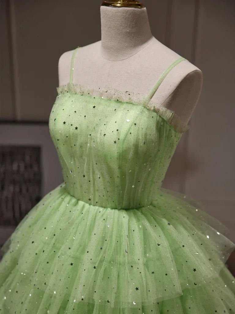Green Sparkling A-Line Spaghetti Strap Tiered Sequins Light Short Homecoming Dress