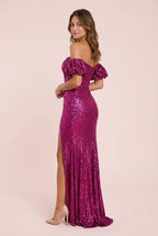 Sparkling Mermaid Off-Shoulder Puffy Sleeves Slit Sequine Fuchsia Floor-Length Prom Dress