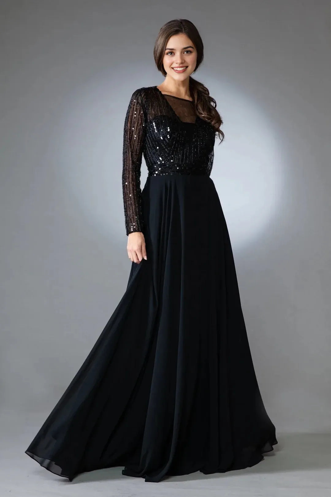 Sparkly A-Line Illusion Neck Long Sleeve Closed Back Floor Length Prom Dress
