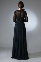 Sparkly A-Line Illusion Neck Long Sleeve Closed Back Floor Length Prom Dress