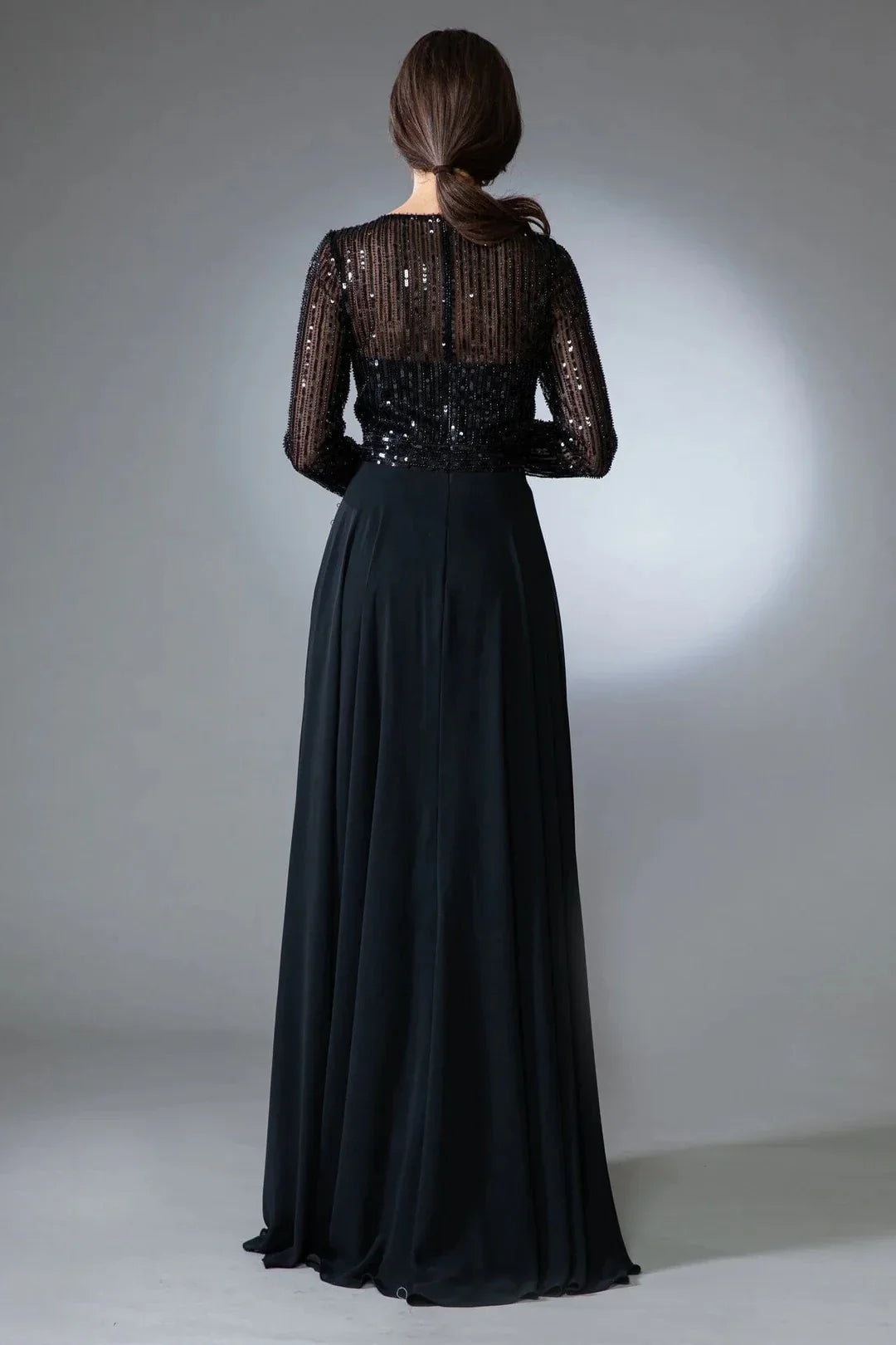 Sparkly A-Line Illusion Neck Long Sleeve Closed Back Floor Length Prom Dress