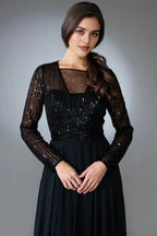 Sparkly A-Line Illusion Neck Long Sleeve Closed Back Floor Length Prom Dress