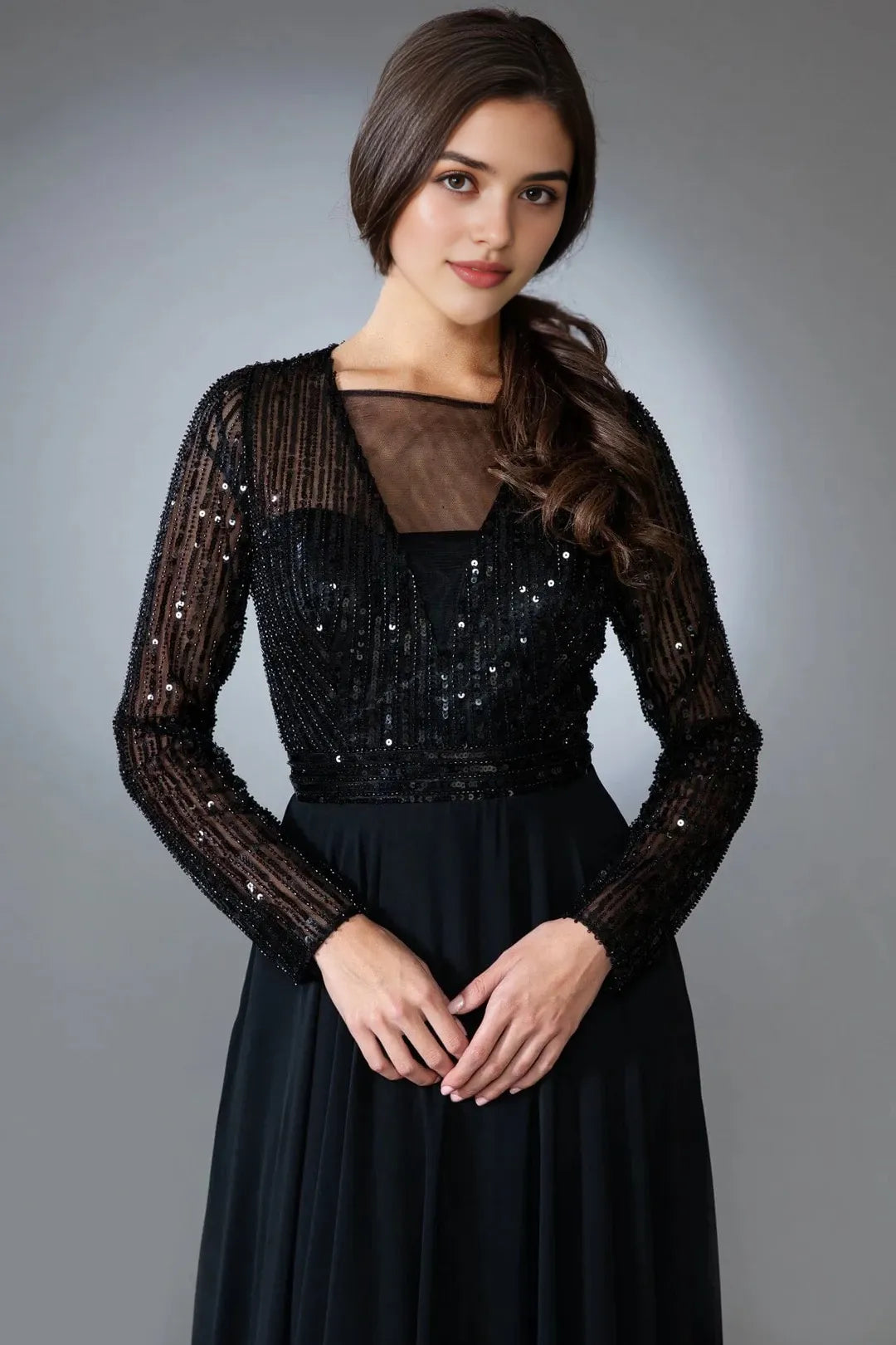 Sparkly A-Line Illusion Neck Long Sleeve Closed Back Floor Length Prom Dress