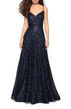 Sparkly A Line V Neck Sleeveless Open Back Floor Length Evening Dress