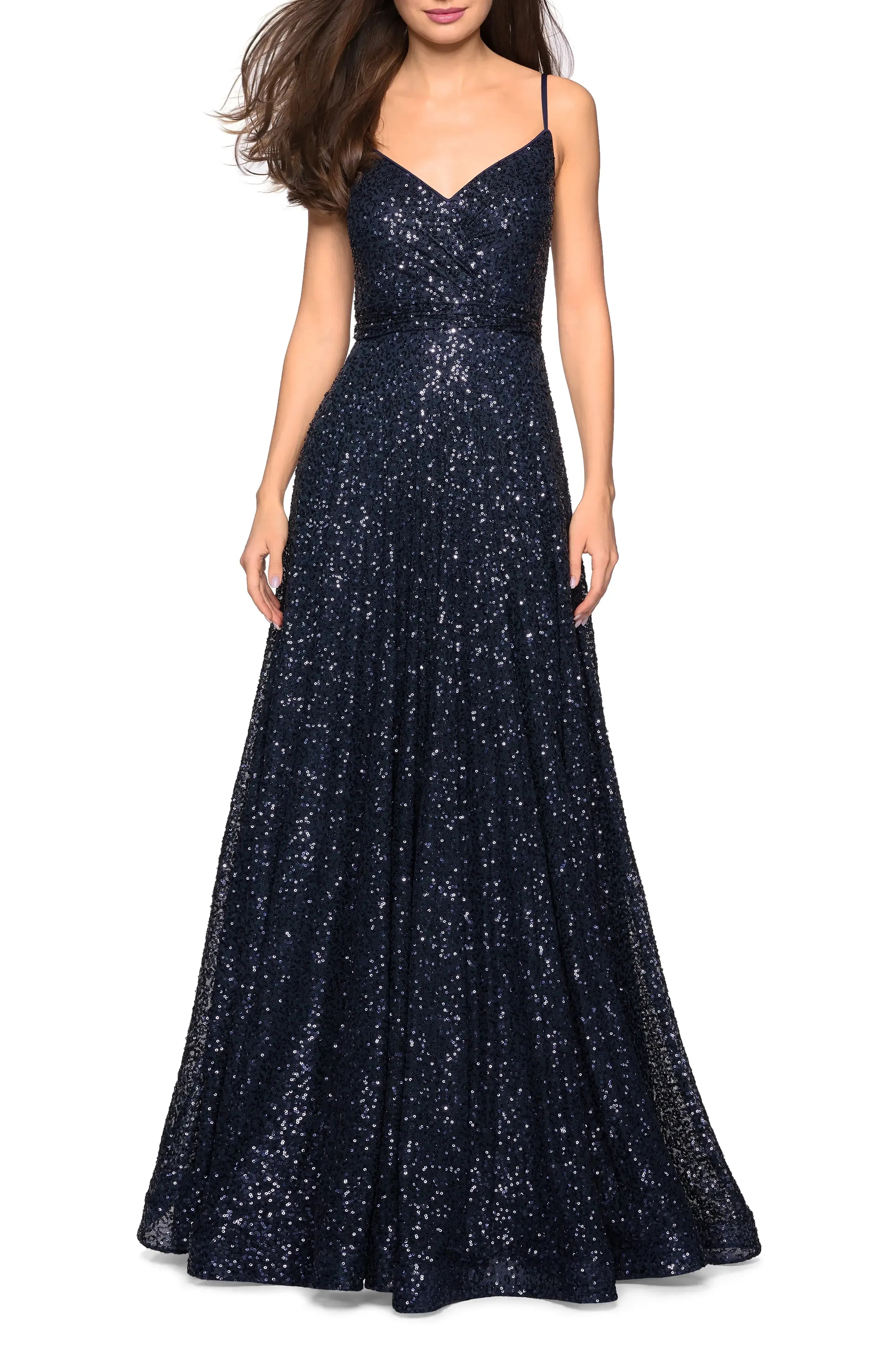 Sparkly A Line V Neck Sleeveless Open Back Floor Length Evening Dress