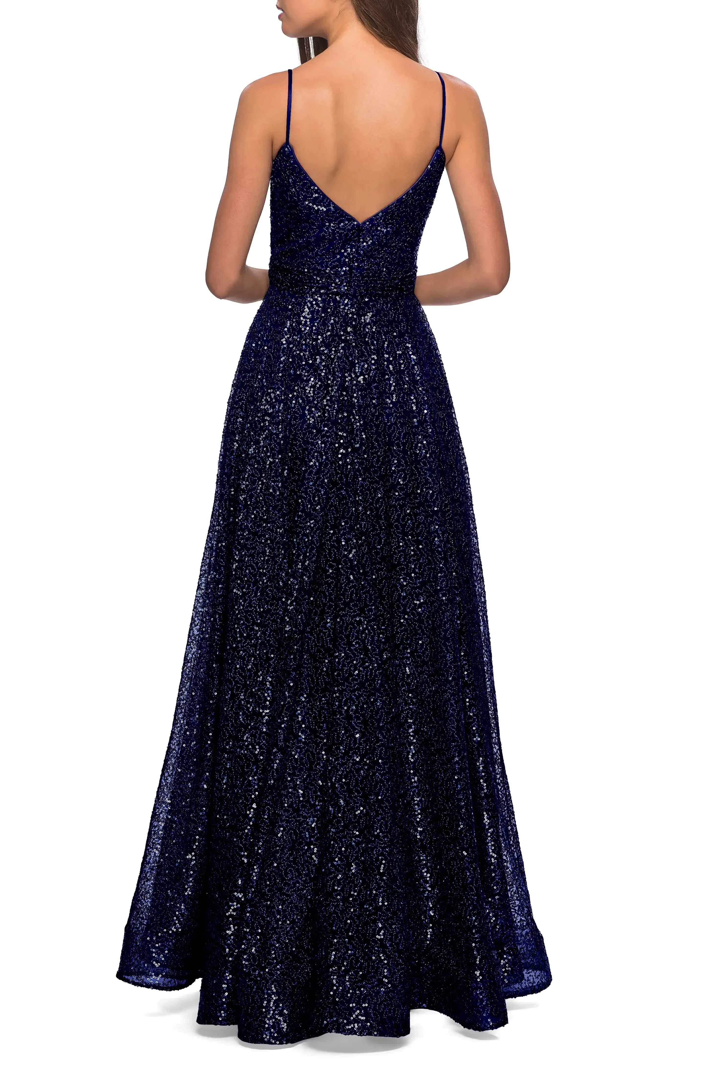 Sparkly A Line V Neck Sleeveless Open Back Floor Length Evening Dress