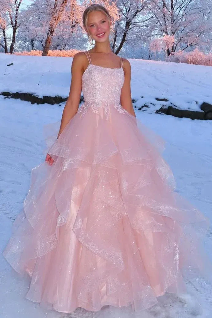 Sparkly Up Back Ruffled Ball Gown Prom Dress