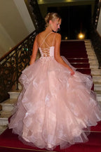 Sparkly Up Back Ruffled Ball Gown Prom Dress