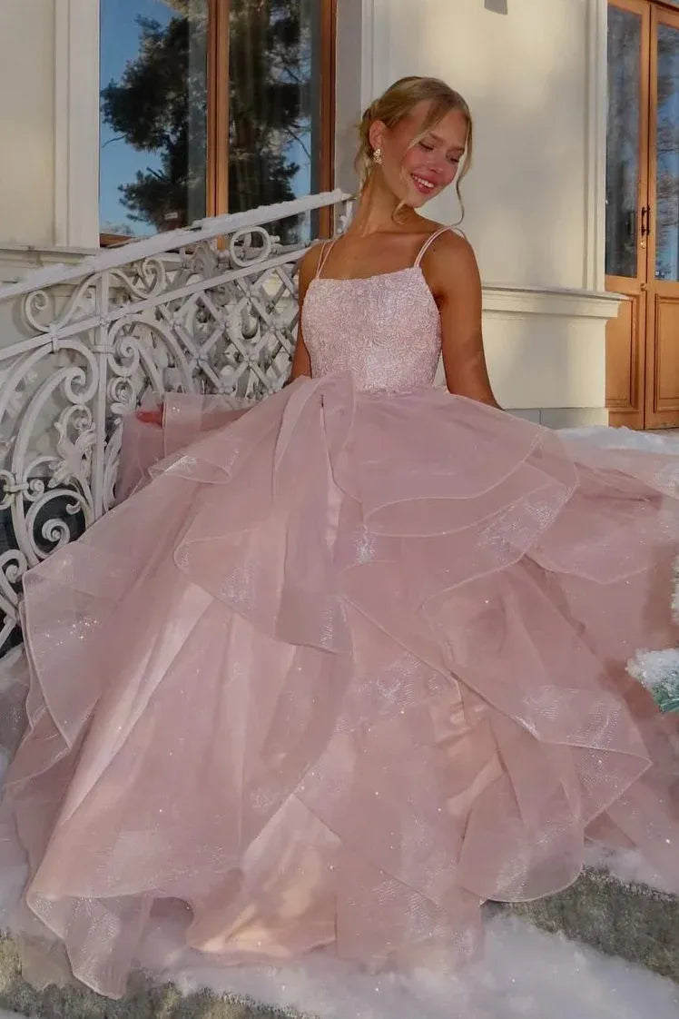 Sparkly Up Back Ruffled Ball Gown Prom Dress