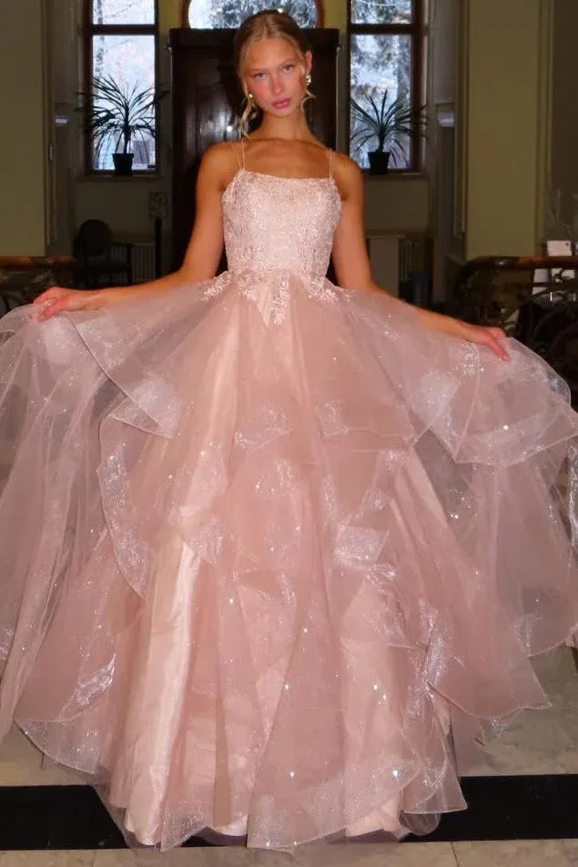 Sparkly Up Back Ruffled Ball Gown Prom Dress