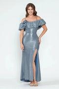 Sparkly Mermaid Off Shoulder Ruffle Sleeve Zipper Back Floor Length Prom Dress