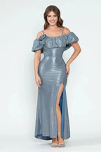 Sparkly Mermaid Off Shoulder Ruffle Sleeve Zipper Back Floor Length Prom Dress
