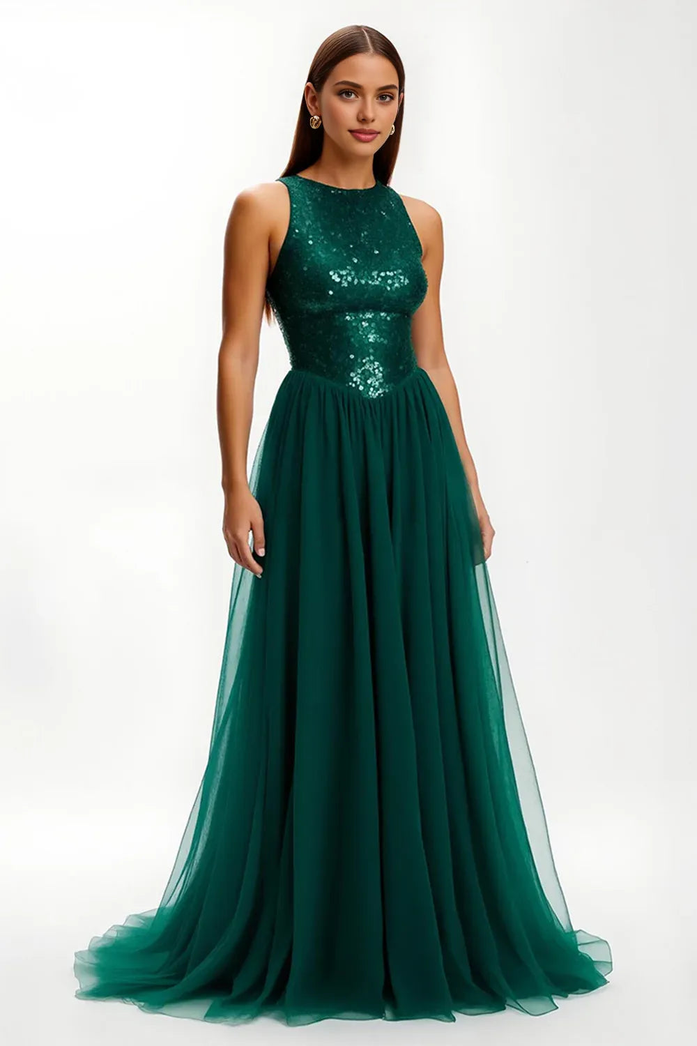 Sparkly A-Line Round Neck Sleeveless Sequins Sweep/Brush Train Prom Dress