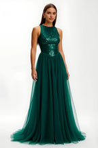 Sparkly A-Line Round Neck Sleeveless Sequins Sweep/Brush Train Prom Dress