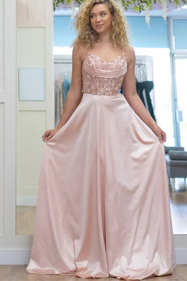 Sparkly A-Line Spaghetti Straps Beaded Sleeveless Prom Gown