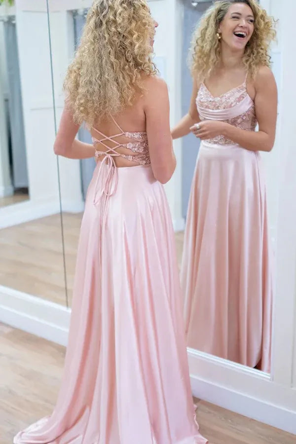 Sparkly A-Line Spaghetti Straps Beaded Sleeveless Prom Gown