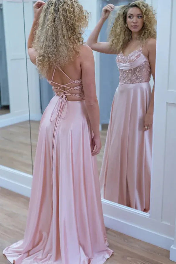 Sparkly A-Line Spaghetti Straps Beaded Sleeveless Prom Gown