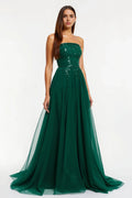 Sparkly A-Line Strapless Sleeveless Sweep/Brush Train Prom Dress