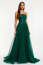 Sparkly A-Line Strapless Sleeveless Sweep/Brush Train Prom Dress