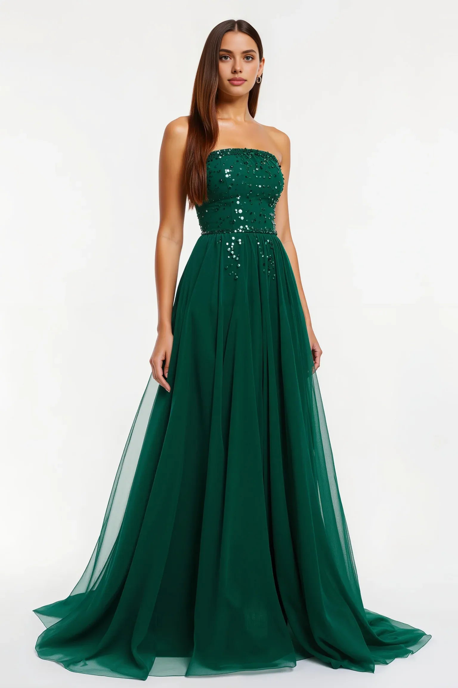 Sparkly A-Line Strapless Sleeveless Sweep/Brush Train Prom Dress