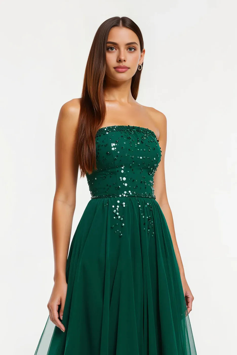 Sparkly A-Line Strapless Sleeveless Sweep/Brush Train Prom Dress