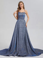Sparkly A-line Spaghetti Straps Sleeveless Crisscross Back Court Train Prom Dress