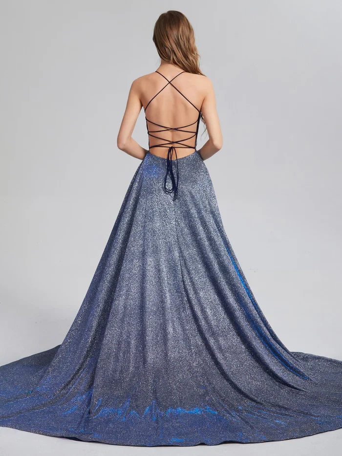 Sparkly A-line Spaghetti Straps Sleeveless Crisscross Back Court Train Prom Dress