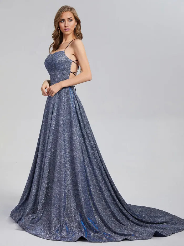 Sparkly A-line Spaghetti Straps Sleeveless Crisscross Back Court Train Prom Dress