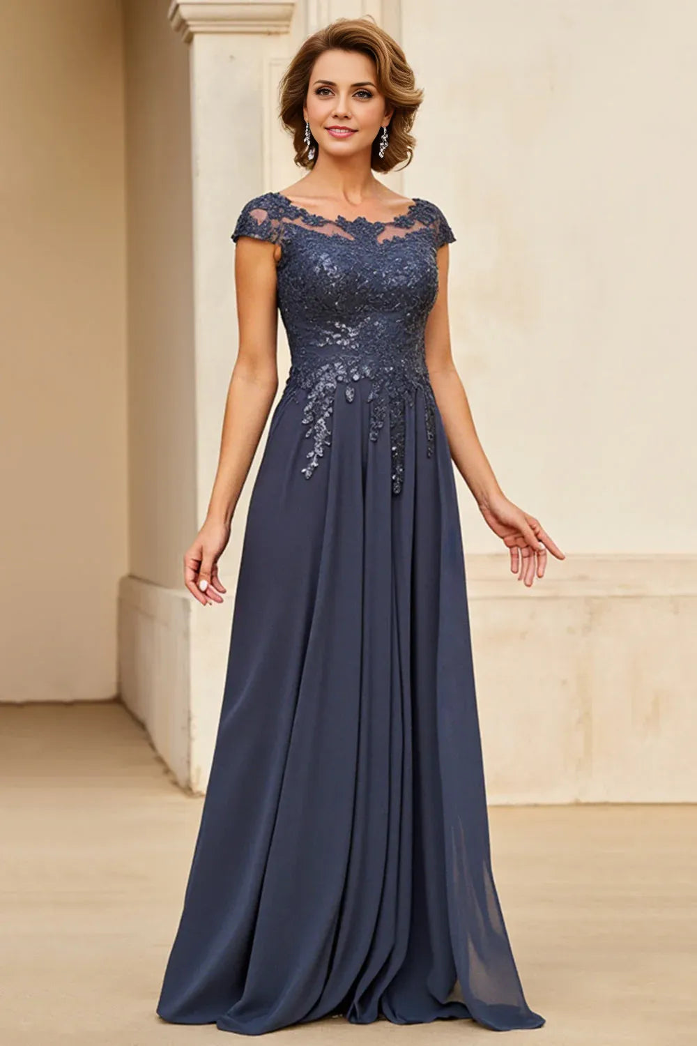 Sparkly A Line Boat Neck Cape Sleeve Backless Floor-Length Mother of the Bride Dress