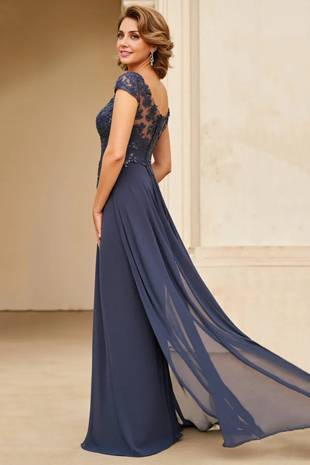 Sparkly A Line Boat Neck Cape Sleeve Backless Floor-Length Mother of the Bride Dress