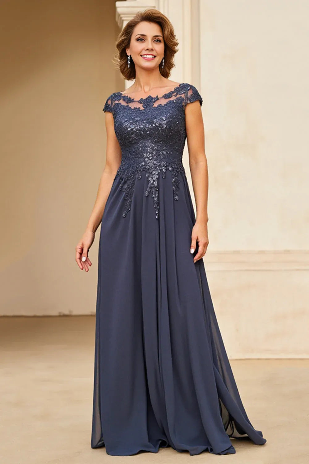 Sparkly A Line Boat Neck Cape Sleeve Backless Floor-Length Mother of the Bride Dress