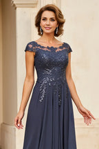 Sparkly A Line Boat Neck Cape Sleeve Backless Floor-Length Mother of the Bride Dress