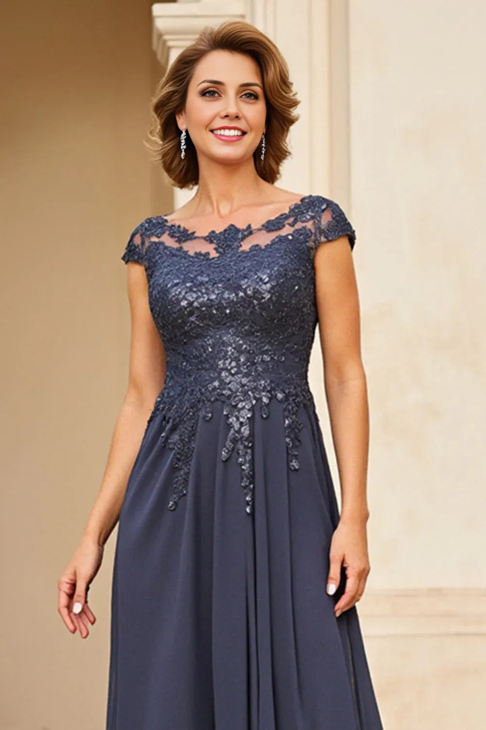 Sparkly A Line Boat Neck Cape Sleeve Backless Floor-Length Mother of the Bride Dress