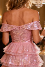 Sparkly A Line Off the Shoulder Sleeveless Sequins Tiered Short-Mini Cocktail Dress