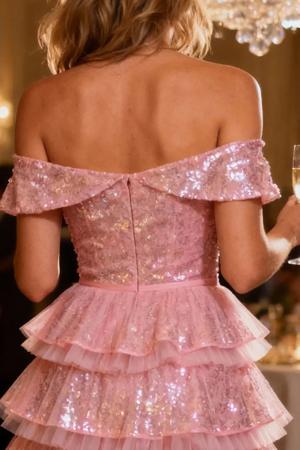 Sparkly A Line Off the Shoulder Sleeveless Sequins Tiered Short-Mini Cocktail Dress