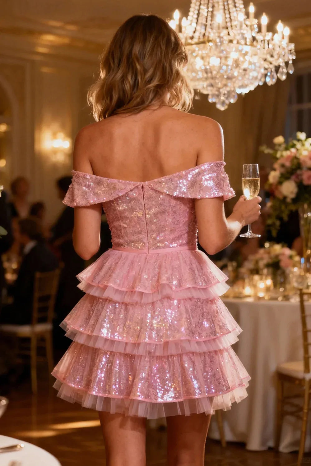 Sparkly A Line Off the Shoulder Sleeveless Sequins Tiered Short-Mini Cocktail Dress