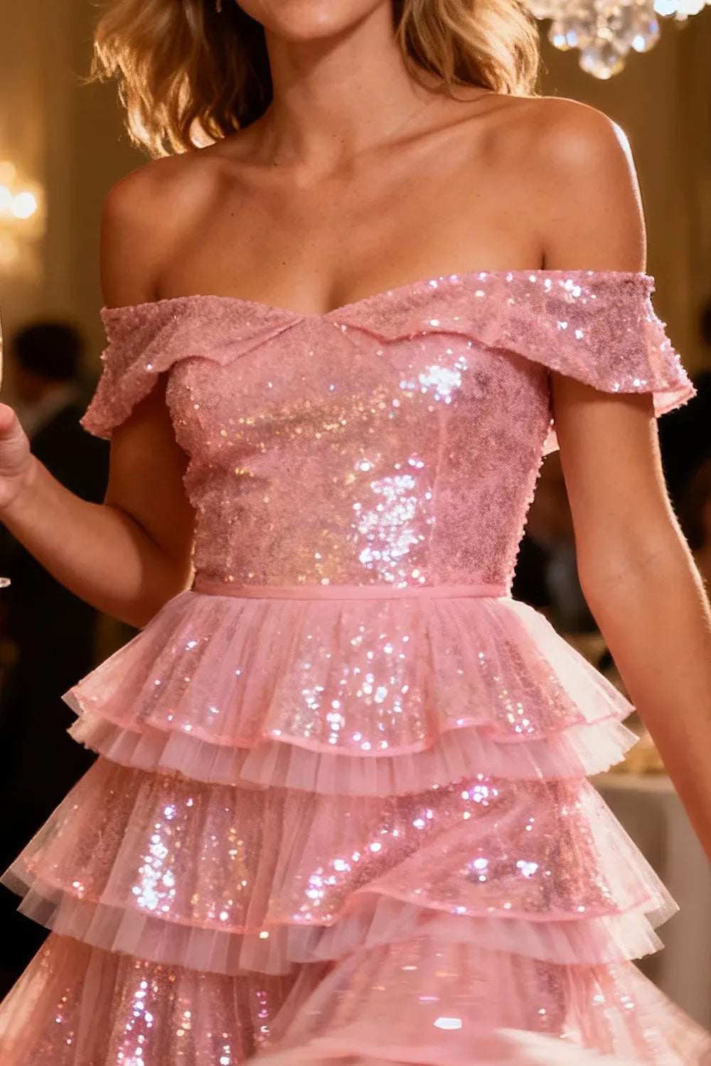 Sparkly A Line Off the Shoulder Sleeveless Sequins Tiered Short-Mini Cocktail Dress