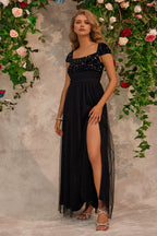 Sparkly A Line Square Neck Cap Sleeve Sequins Floor-Length Prom Dress