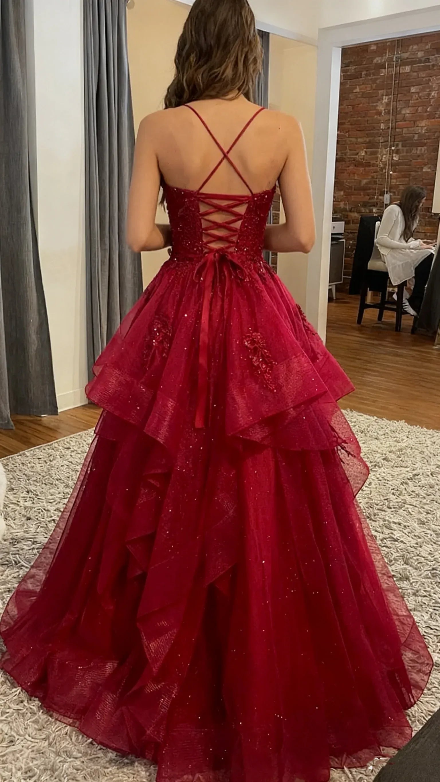 Burgundy Sparkling Ball Gown Prom Dress For Prom Night With Lace Appliqués And Adjustable Lace Up Back