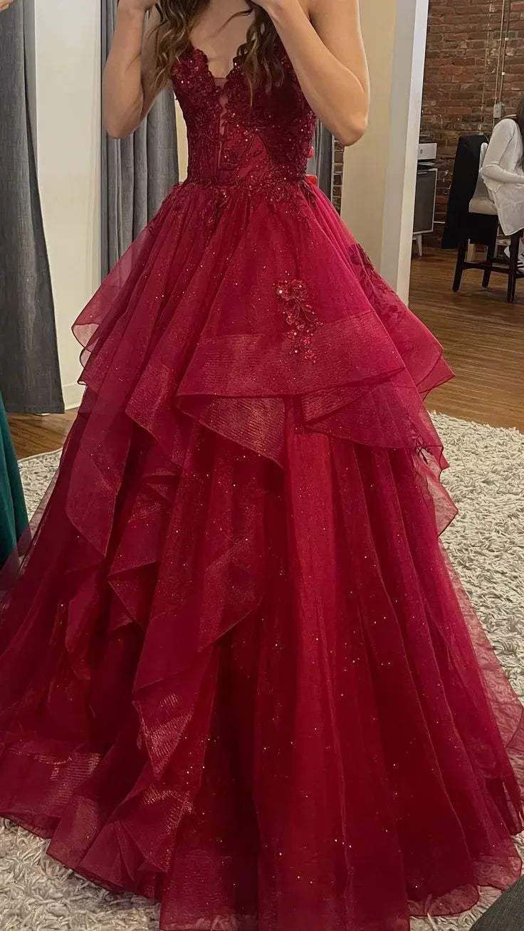 Burgundy Sparkling Ball Gown Prom Dress For Prom Night With Lace Appliqués And Adjustable Lace Up Back