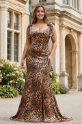 Sparkly Corset Mermaid Sleeveless Leopard Print Floor-Length Plus Size Prom Dress