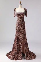 Sparkly Corset Mermaid Sleeveless Leopard Print Floor-Length Plus Size Prom Dress